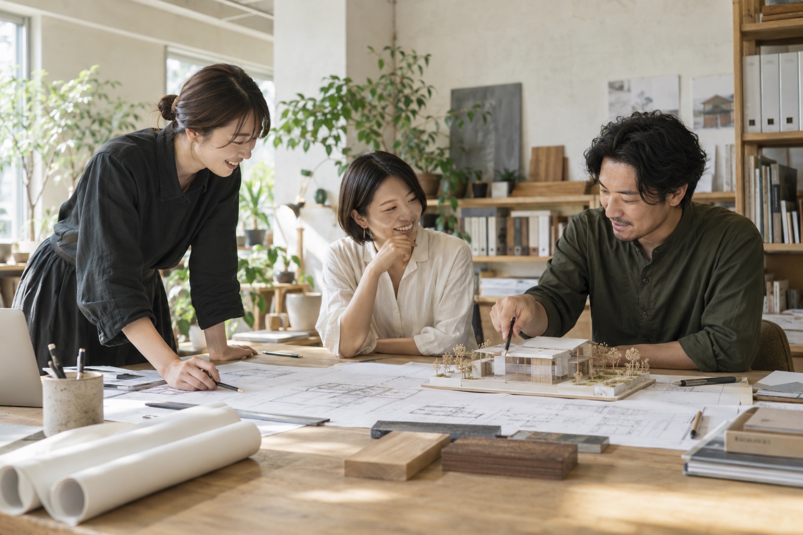 図面と模型を囲んで打ち合わせをする設計チームのイメージ